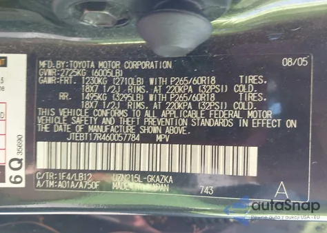 2006 Toyota 4Runner Limited V8 z USA, uszkodzony, nr VIN JTEBT17R460057784